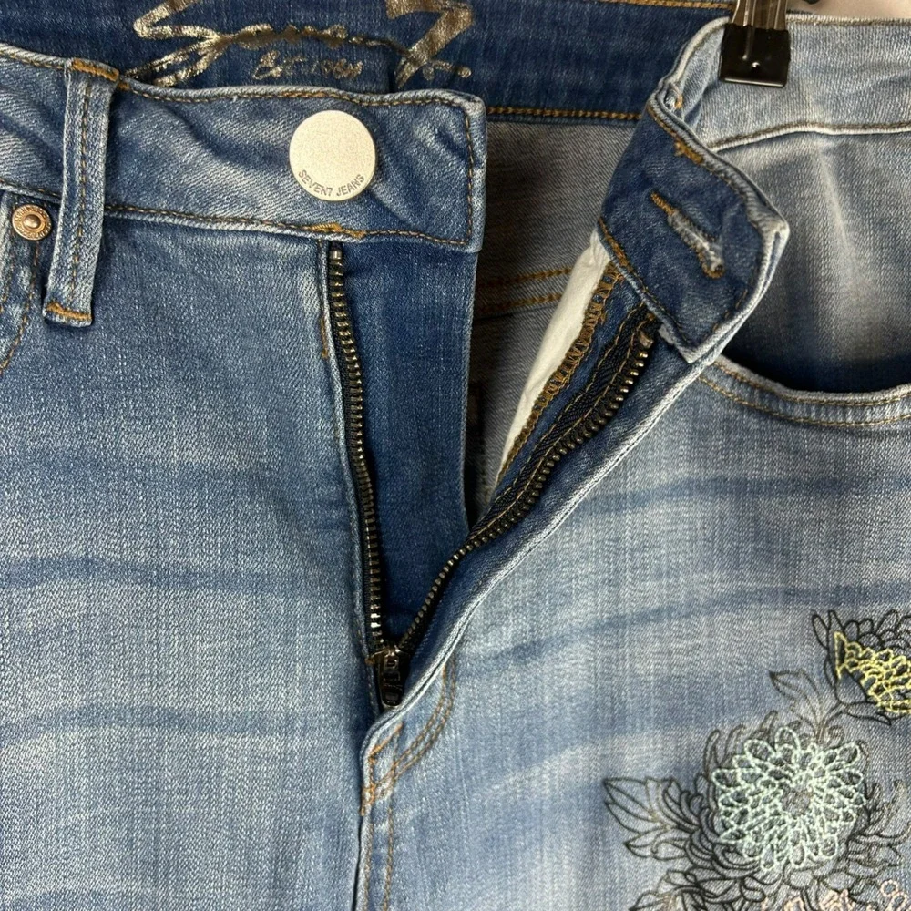 Seven High Rise Stovepipe Straight‎ Denim Jeans Women 32 Blue Embroidery Flowers